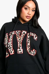 Womens Plus Leopard Nyc Oversized Hoodie - Black Cotton - Size 22 Uk