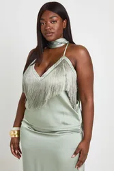 Womens Plus Satin Tassel Cami Top With Scarf - Green