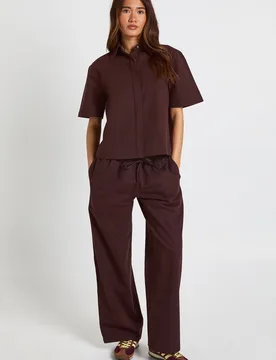 Womens Chambray Drawcord Wide Leg Trousers - Chocolate - Size 16 Uk - Boohoo - FashionsVida
