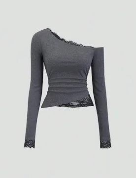 Top de mujer de alta gama con hombro oblicuo, encaje patchwork, ajuste ceñido y bajo asimétrico, estilo sexy americano, gris oscuro, para otoño/inv - Shein - FashionsVida