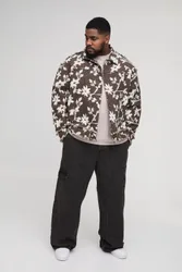 Herren Plus Blumen-Tapisserie Oversized Overshirt Chocolate Größe 2XL