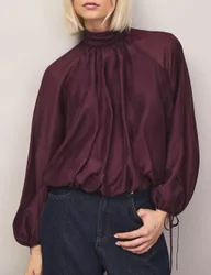 Lyocell Rich High Neck Tie Cuff Blouse Burgundy female