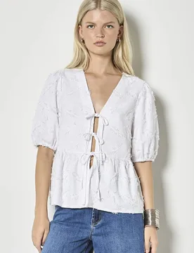 Women's Eyelash Embroidery Linen Blend Blouse in White Size: 8 - White - Size: 8 - Apricot - FashionsVida