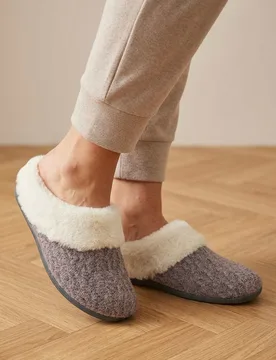 Feria Faux Fur Cuffed Full Slippers Grey female - Jones Bootmaker - FashionsVida
