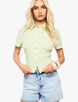 Womens Gingham Shirred Waist Shirt - Green Cotton - Size 10 Uk - Boohoo - FashionsVida