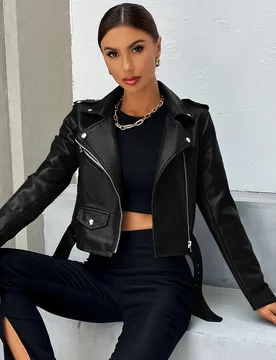 Chaqueta de motocicleta casual de cuero sintético con cremallera y cuello de mujer, de unicolor y manga larga XL - Shein - FashionsVida