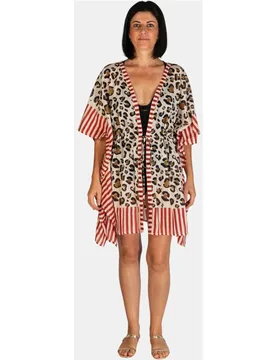 Caftán corto de mujer en algodón lijero con estampado animal y rayas - Kbas - FashionsVida