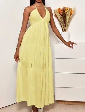 Vestido de mujer de gasa con cuello halter y espalda descubierta con cordones, para vacaciones/boda, vestidos pastel para fiestas de mujeres M - Shein - FashionsVida