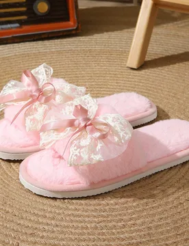 Zapatillas de casa con lazo de encaje para mujer, cálidas y acogedoras, zapatillas de pareja para otoño/invierno - Shein - FashionsVida