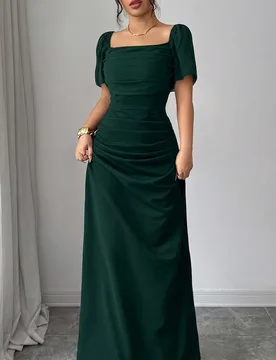 Vestido elegante y romántico para mujer de manga corta, cuello cuadrado, cintura ceñida, exquisito, para boda, cena, madre de la novia, verde oscuro - Shein - FashionsVida