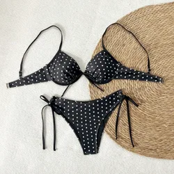 Conjunto de bikini de 2 piezas para mujer con parte superior de tirantes finos, sujetador con aros, lazo, y Bottom de corte alto con cordón lateral,