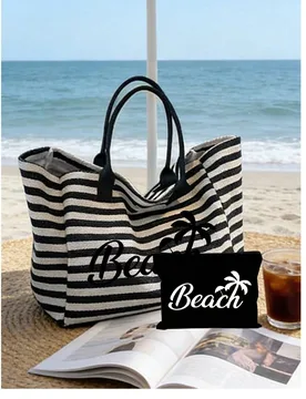 Bolsa de playa con estampado de sombrilla de playa, gran capacidad, a rayas negras & blancas, bolsa de hombro de lona plegable, impermeable & a prueba - Shein - FashionsVida