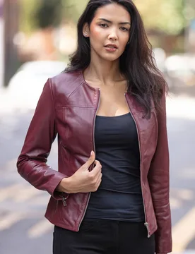 Women's 'Francesca' Collarless Real Leather Fashion Jacket in Wine Size: 10 - Wine - Size: 10 - Ashwood Leather - FashionsVida