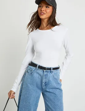 Womens Basic Long Sleeve Fitted Longline Top - White Cotton - Size 12 Uk - Boohoo - FashionsVida