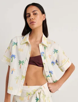 Linen Rich Palm Print Collared Shirt Soft White female - JAG - FashionsVida