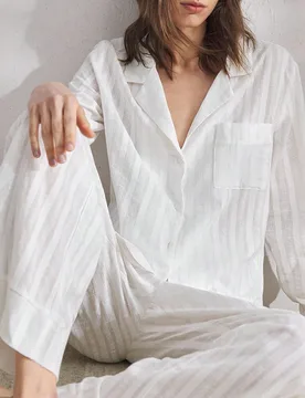 Conjunto de pijama de mujer de lino natural arrugado sin estiramiento, con top de manga larga y pantalón de largo completo, ropa de otoño e invierno - Shein - FashionsVida