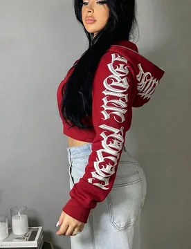Sudadera con capucha corta con cremallera y texto gótico para mujer, estilo streetwear para otoño/invierno para Año Nuevo, regreso a la escuela, ca - Shein - FashionsVida