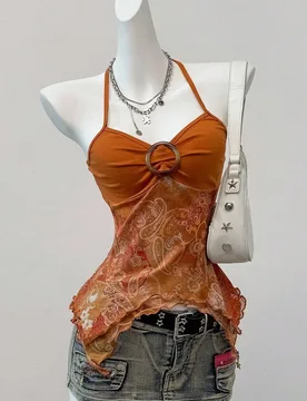 Top transparente con cuello de halter sin espalda, estampado retro de concierto country de verano XXS - Shein - FashionsVida