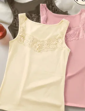 Piezas/Set Camiseta de tirantes de encaje, ropa interior & exterior de unicolor transpirable para mujer, camiseta sin mangas elegante y de moda para t - Shein - FashionsVida