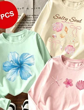 Piezas de camisetas de manga larga estampadas para niñas preadolescentes, adecuadas para tops de otoño/invierno para niñas, ropa para estudiantes j - Shein - FashionsVida