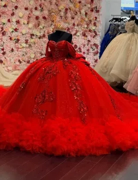 Red Shiny Ball Gown Quinceanera Dresses Applique Lace Beading Crystal Bow Tull Corset Off Shoulder Sweet 16 Dress vestidos 15 de - Aliexpress - FashionsVida