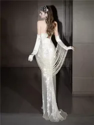 A new niche and light luxury strapless fishtail banquet dress with sequins from heavy industry