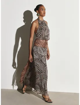 Vestido Maxi con Cuello Halter y Espalda Abierta, Estampado Paisley AOP, Detalle de Cintura Fruncida con Banda, Vestido de Noche de Gasa Fluida XS - Shein - FashionsVida