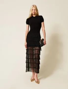 Robe longue en maille et dentelle plumetis - TWINSET - FashionsVida