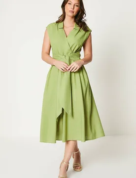 Women's Linen Blend Belted Midi Dress in Chartreuse Size: 12 - Chartreuse - Size: 12 - Debenhams - FashionsVida