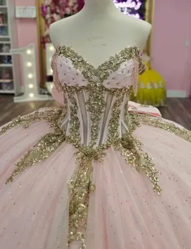 Shiny light pink Quinceanera Dress off-shoulder Lace crystal glitter decal Long tail Bow vestidos de 15 Quinceanera ﻿Customize - Aliexpress - FashionsVida