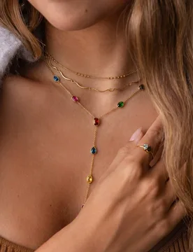 Pieza Collar largo en forma de Y de acero inoxidable con cristales de colores y strass, joyería impermeable de verano rectángulo - Shein - FashionsVida