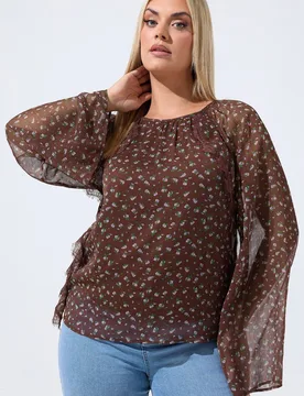 Women's Ditsy Floral Frill Detail Blouse in Brown Size: 10 - Brown - Size: 10 - Yours - FashionsVida