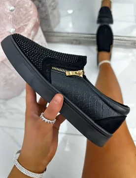 Women's Crystal Suede Zip Pumps Trainers in Black Size: 6 - Black - Size: 6 - Love Lemonade - FashionsVida
