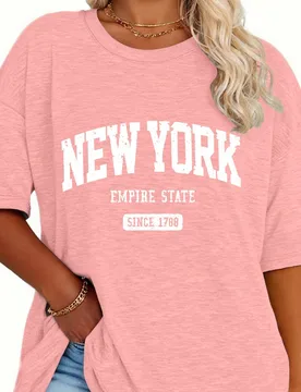 Camiseta informal de talla grande para mujer, con estampado de letras de Nueva York, holgada, de largo medio, de manga corta y cuello redondo 0XL - Shein - FashionsVida