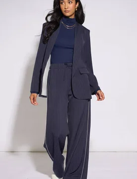 Women's Navy Drawstring Pinstripe Wide Leg Jogger Pants Size: 16 - Navy - Size: 16 - Gini London - FashionsVida