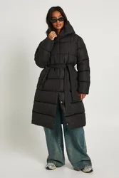 Womens Petite Belted Longline Puffer Jacket - Black - Size 6 Uk