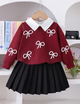 Conjunto de 2 piezas de blusa de manga larga con cuello bordado con moño y falda plisada para niñas jóvenes, para primavera/otoño 4Y - Shein - FashionsVida