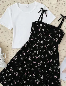 Conjunto de vestido de tirantes y camiseta de manga corta con estampado floral diminuto para niñas preadolescentes en verano 8Y - Shein - FashionsVida