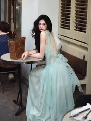 Lace patchwork backless small halter long dress and strappy cinched waist