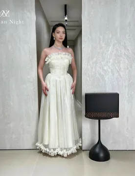 Ivory strapless sleeveless floor-length formal gown featuring a draped neckline and a lace-trimmed hem - Aliexpress - FashionsVida