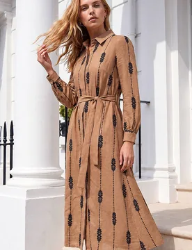 Women's Embroidered Belted Midi Dress in Taupe Size: 14 - Taupe - Size: 14 - Roman - FashionsVida