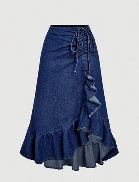 Falda mini de mezclilla con volantes y lazo de amarre elegante y casual M - Shein - FashionsVida