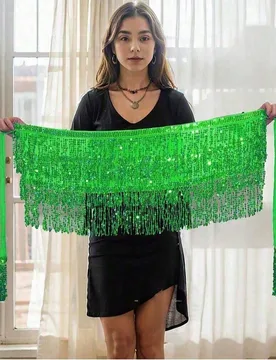 Faja de cadera con lentejuelas brillantes para danza del vientre de mujer, faja de cadera con estilo de mono con brillo para disfraz de fiesta, cadena - Shein - FashionsVida