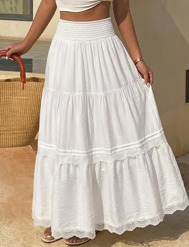 Falda casual de mujer de cintura alta, color blanco sólido, con patchwork de encaje y falda completa en línea A L - Shein - FashionsVida