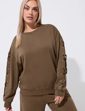 Women's Eyelet Detail Sweatshirt in Brown Size: 14 - Brown - Size: 14 - Yours - FashionsVida