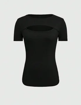 Camiseta ajustada de cuello redondo de manga corta de algodón negro para mujer S - Shein - FashionsVida