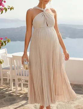 Elegante vestido de maternidad plisado de unicolor con cuello halter para fiesta S - Shein - FashionsVida