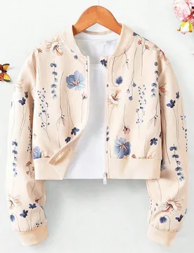 Chaqueta Bomber Corta Casual para Niñas preadolescente, Beige, con Cremallera, Manga Larga, Estampado Floral & de Hojas, Ligera para Otoño, Streetwe - Shein - FashionsVida