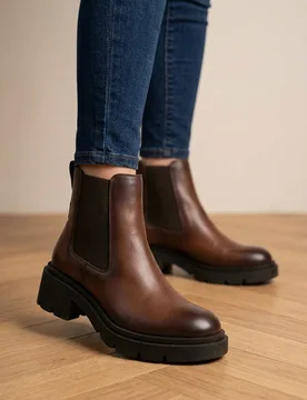 Leather Chelsea Block Heel Ankle Boots Brown female - Jones Bootmaker - FashionsVida
