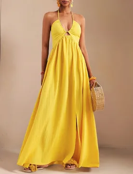 Nuevo vestido casual de primavera y verano con cuello halter sin tirantes, cintura y espalda con vuelo y abertura frontal alta hasta el muslo, vestido - Shein - FashionsVida